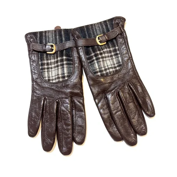 Vintage Merona Brown Leather Gloves with Tartan Plaid Fleece Detail Small Medium - Picture 1 of 7